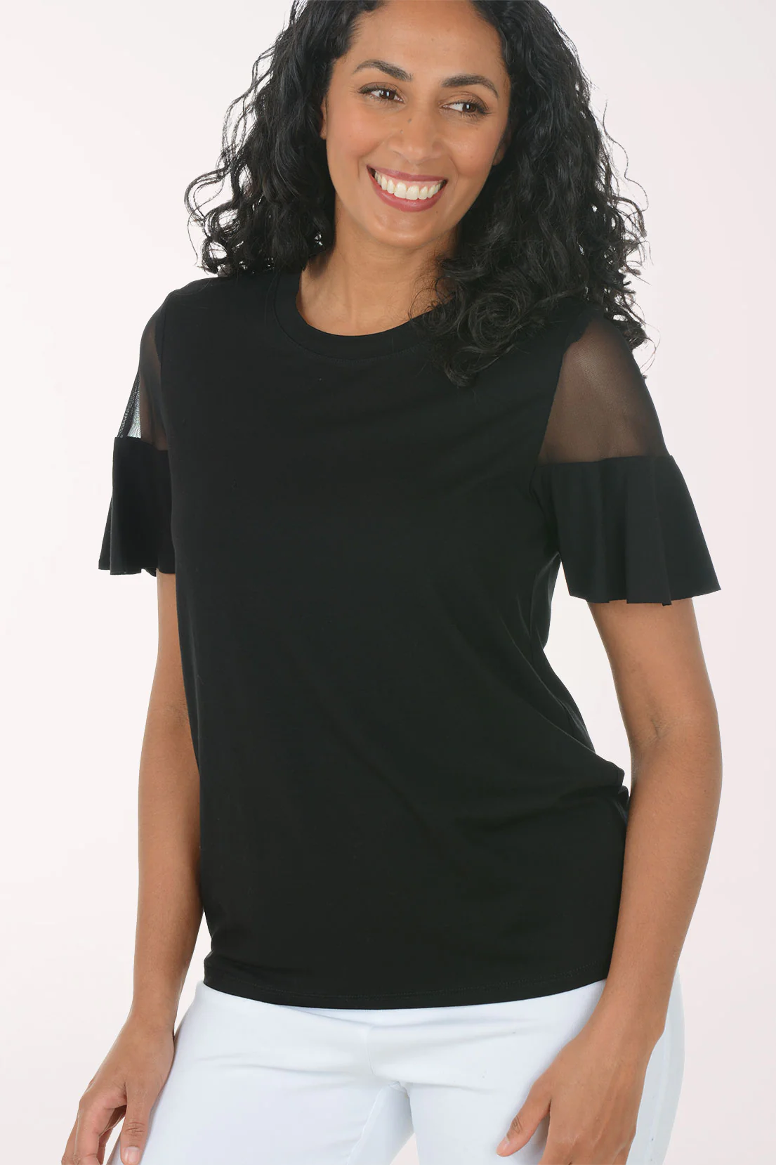 Mesh Cold Shoulder Ruffled Sleeve Top - Image 4
