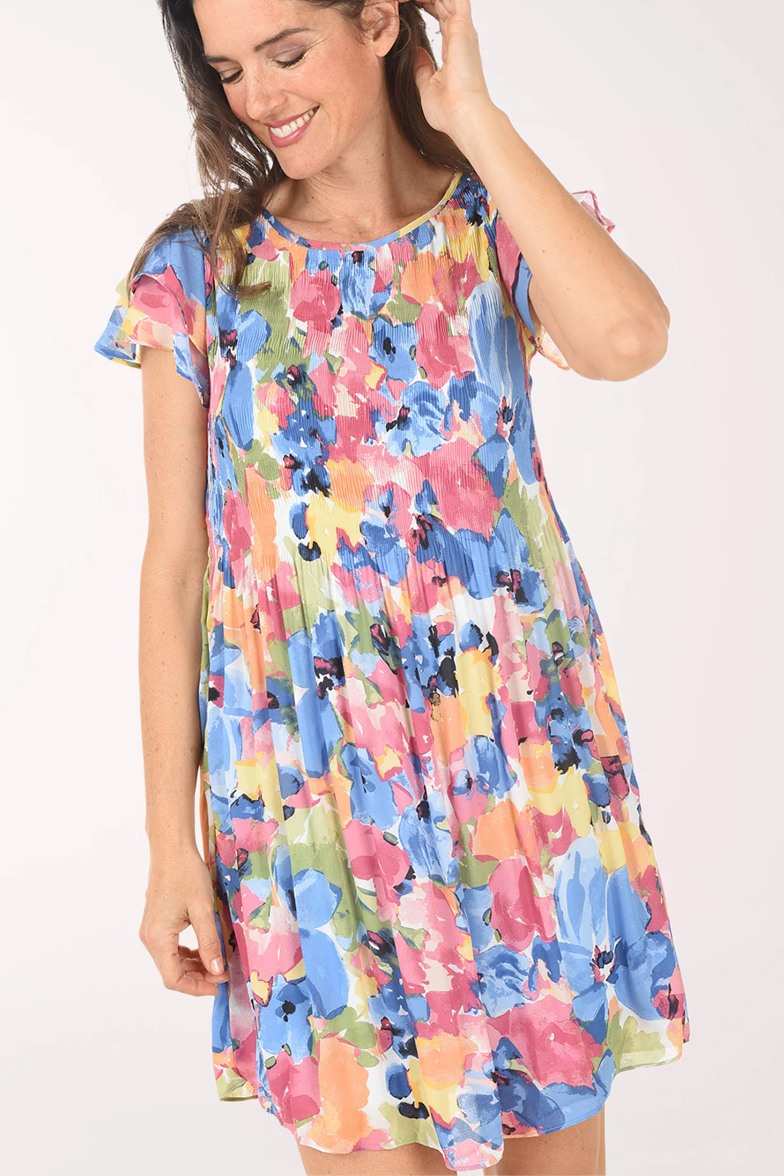 Mauve Floral Flounce Sleeve Pleated Dress - Image 4